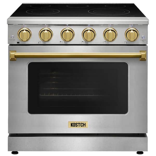36 in. 5 Elements Freestanding Electric Range w/ 6.0 cu. ft. True Convection Oven in Stainless Steel w/ Bronze Handles