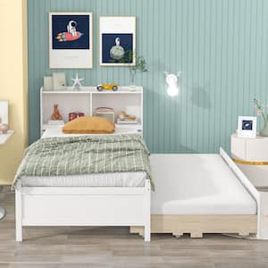 White Twin Kids Platform Bed with Twin Trundle and 3-Drawers Wood Kids Bed with Trundle Wood Frame Platform Bed