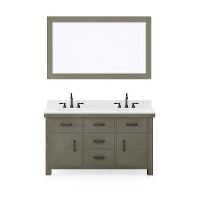 Aberdeen 60 in. W x 34 in. H Vanity in Gray with Marble Vanity Top in Carrara White with White Basins Mirror Faucets
