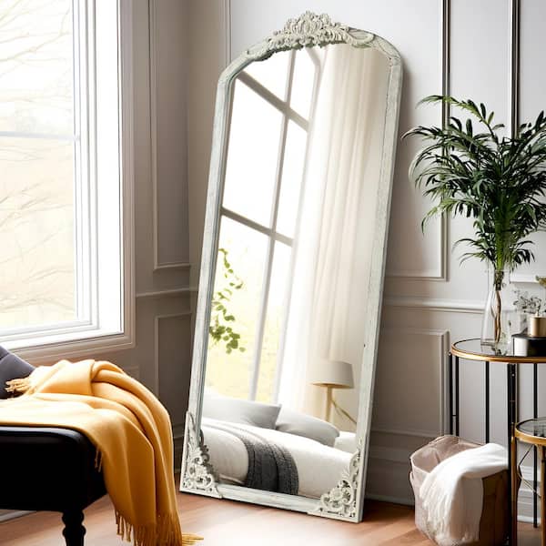Lirago 21 in. W x 64 in. H Carved Wooden Full Length Mirror in Weathered White