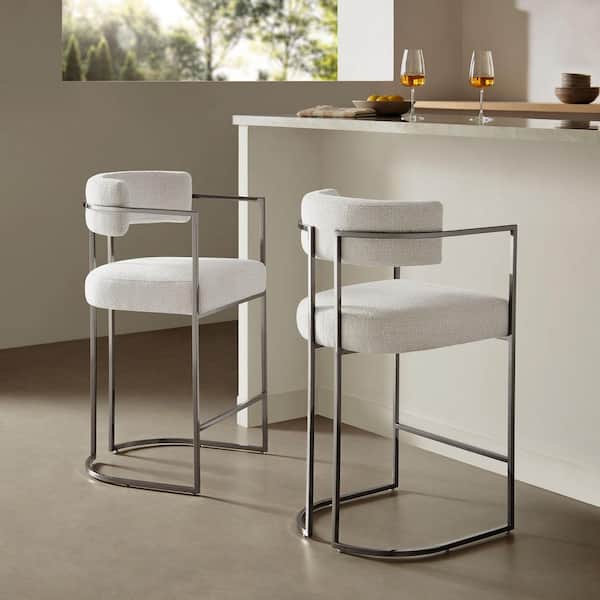 Huron Modern Barrel Counter Stool with Sled Base in Silver Cream - Fabric Upholstered Curved Back Stool with Metal Frame