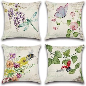 Outdoor Spring Waterproof Throw Pillow Covers, Flowers and Plant Insects Pattern Decorative Cushion Covers (Set of 4)