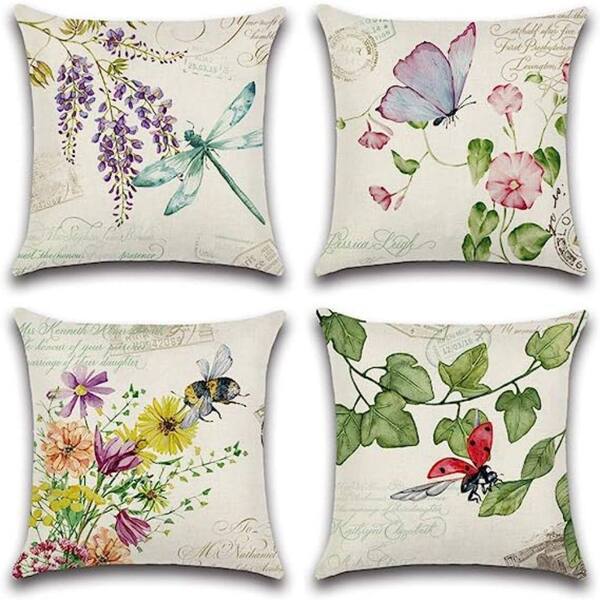 Unbranded Outdoor Spring Waterproof Throw Pillow Covers, Flowers and Plant Insects Pattern Decorative Cushion Covers (Set of 4)
