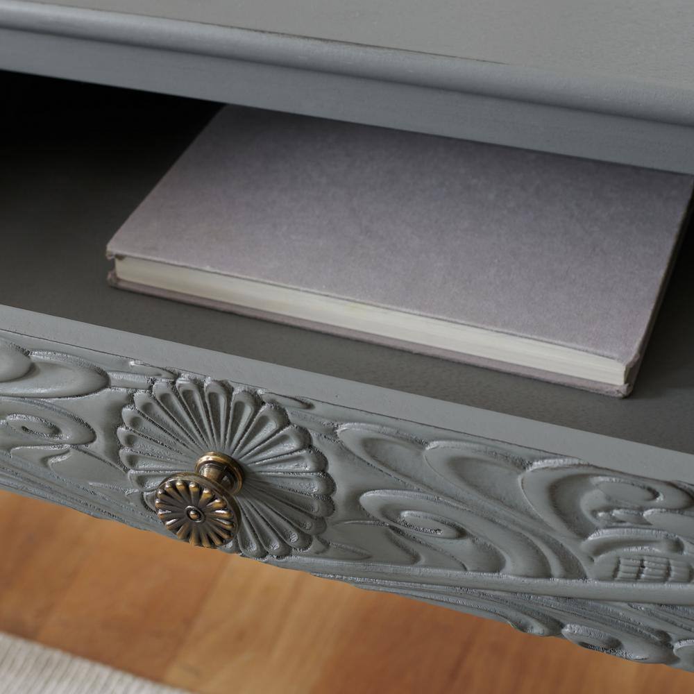 Josie Artisan Carved Floral 46" Wood Desk with Drawers in Distressed Grey