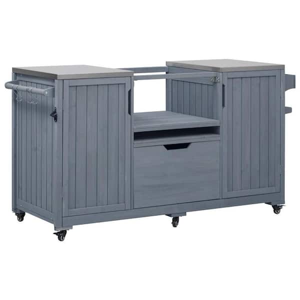 Wood 23 in. W x 66.5 in. L x 34.3 in. H Outdoor Kitchen Cabinet in Grey Blue with Stainless Steel Top and 6 Wheels