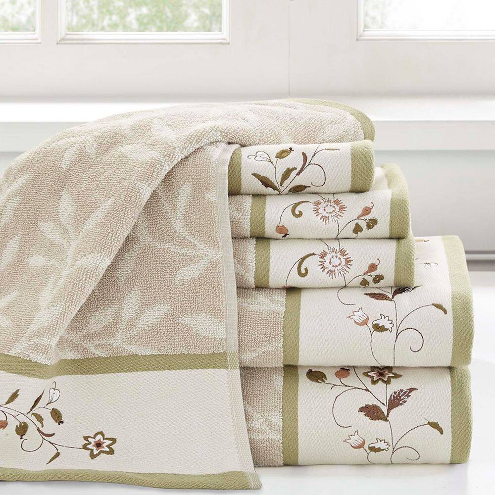 6-Piece Green Embroidered Cotton Jacquard Towel Set for bathroom, 2-Bath To
