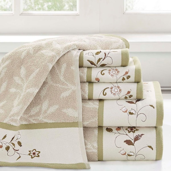 6-Piece Green Embroidered Cotton Jacquard Towel Set for bathroom, 2-Bath Towels, 2-Hand Towels and 2-Fingertip Towel Set