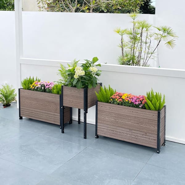 EverBloom Planter 17 in. D x 28 in. H x 91 in. W Brown and Black Composite Board and Steel Corner and 2-Trough Planter Bundle
