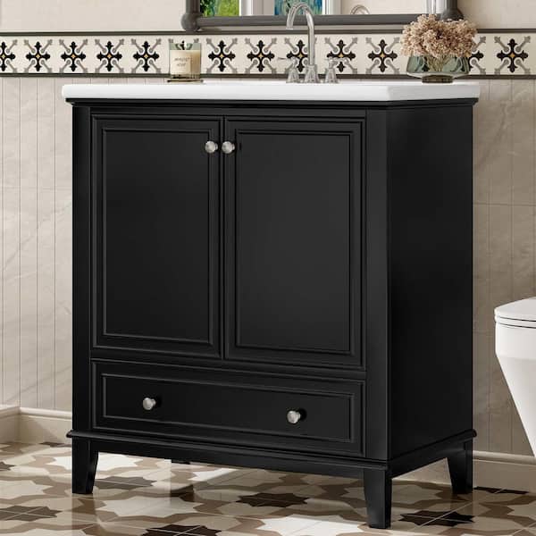 30 in. Freestanding Black Bath Vanity with White Ceramic Top, Doors and Drawer