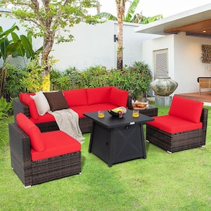 7-Piece Wicker Patio Conversation Set with Red Cushion & Fire Pit Table & Cover