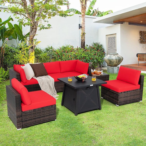 7-Piece Wicker Patio Conversation Set with Red Cushion & Fire Pit Table & Cover