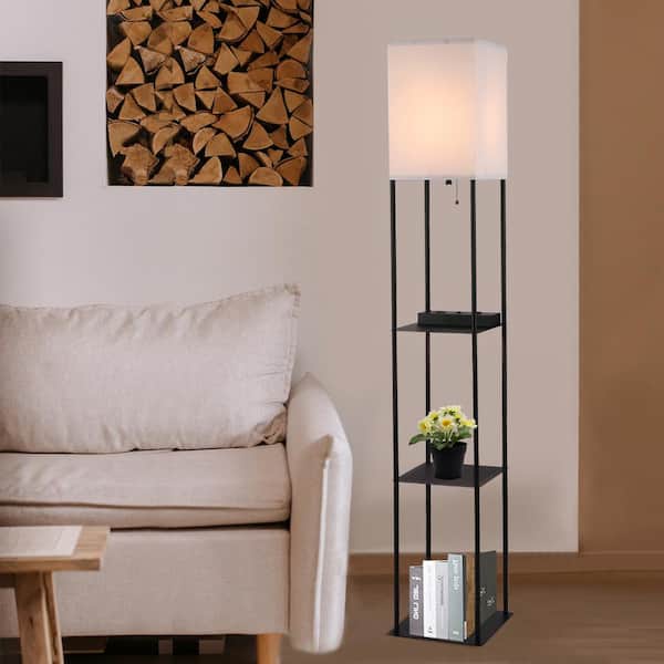 63 in. Floor Lamp with Shelves, Square Corner Tall Bookshelf Lamp with USB