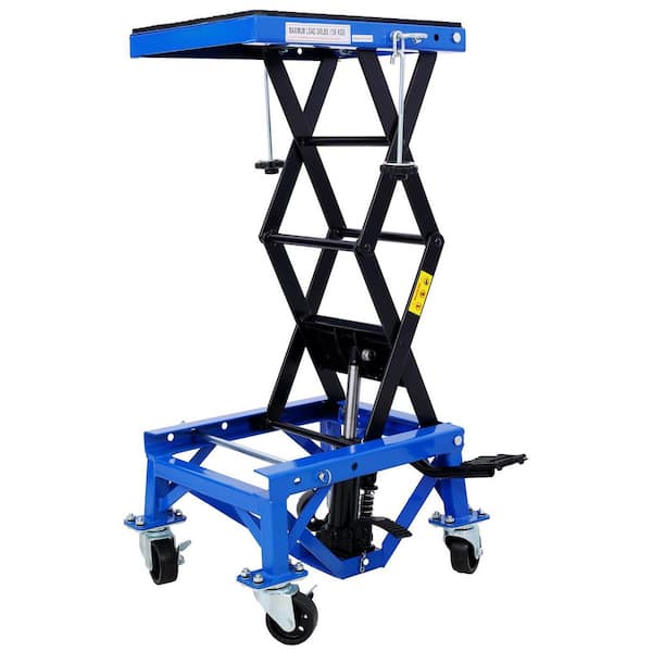 Blue 300 lb. Capacity Steel Hydraulic Hand Truck with Wheels and Jack Lift Foot Step Device