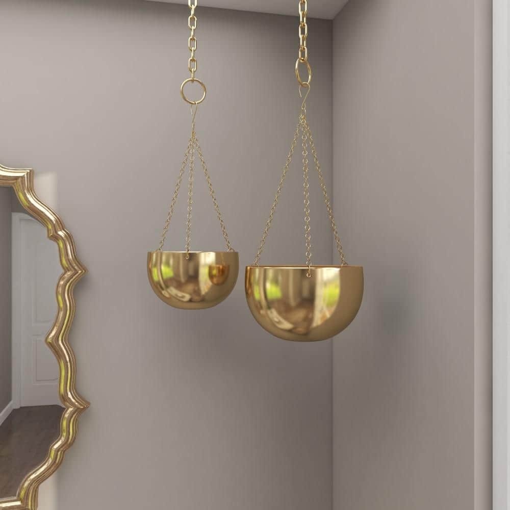 Set of 2 Gold Metal Hanging Planters with Chains