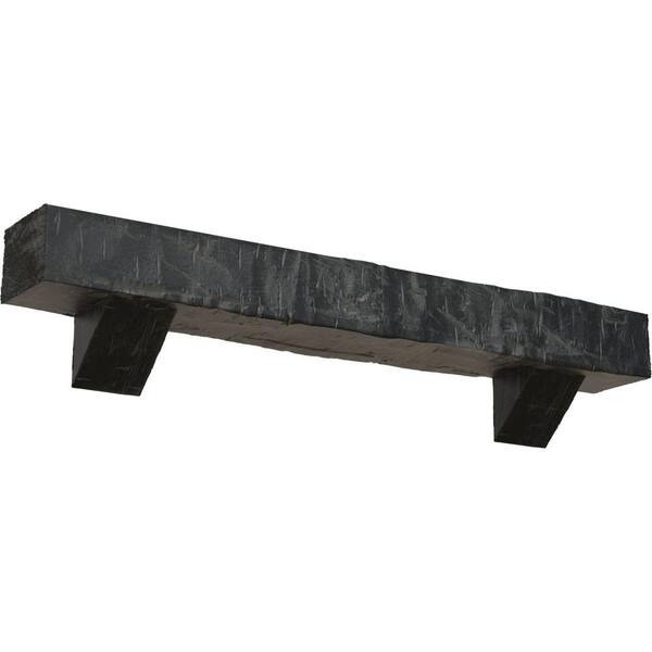 Ekena Millwork 4 in. x 4 in. x 5 ft. Hand Hewn Faux Wood Fireplace Mantel Kit with Breckinridge Corbels, Aged Ash