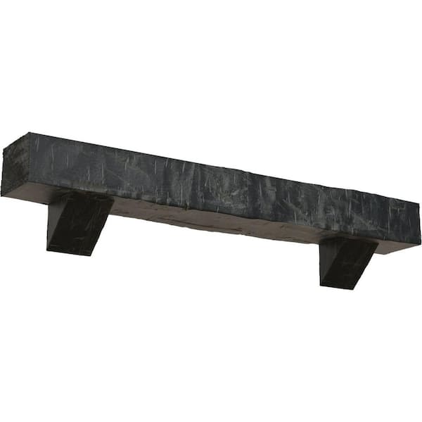 Ekena Millwork 4 in. x 4 in. x 6 ft. Hand Hewn Faux Wood Fireplace Mantel Kit with Breckinridge Corbels, Aged Ash