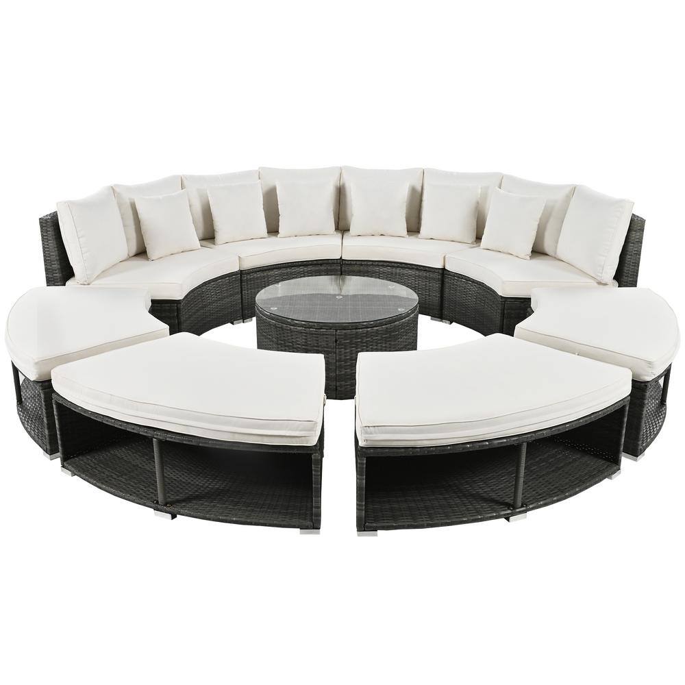 9-Piece Rattan Wicker Outdoor Patio Circular Sectional Sofa Grey, Lounge Set with Tempered Glass Table & Beige Cushions price history on PriceWatchPro