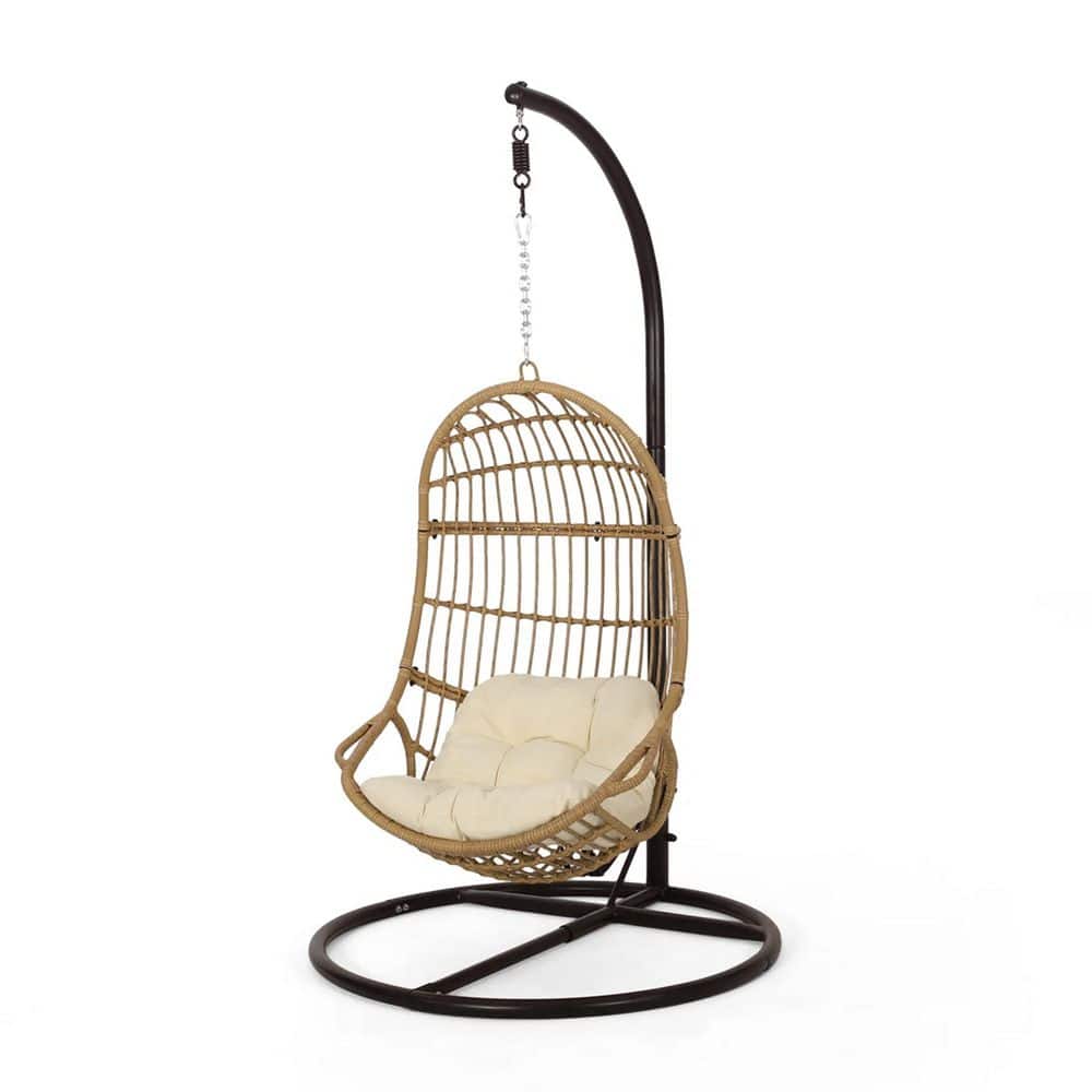 Panyin Brown Faux Rattan Outdoor Hanging Lounge Chair with Beige Cushion