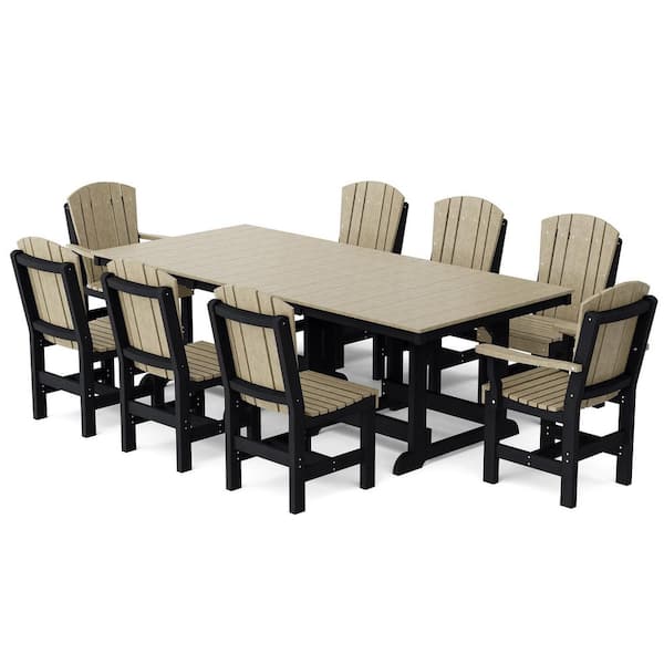 Heritage 9-Piece Weathered Wood and Black HDPE Plastic Outdoor Patio Dining Set