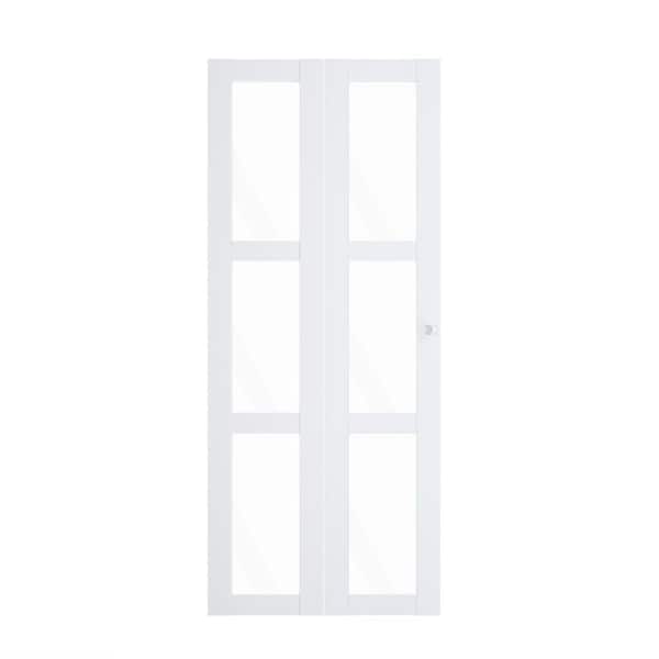 TENONER 36 in. x 80 in. Clear Glass, Solid Core, White, MDF, 3-Lite, Water-Proof PVC Covering Bi-fold Door with All Hardware