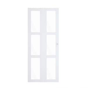 36 in. x 80 in. Clear Glass, Solid Core, White, MDF, 3-Lite, Water-Proof PVC Covering Bi-fold Door with All Hardware