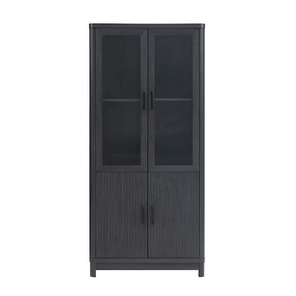 Manhattan Comfort Jodie 67.6 in. Tall Mid-Century Modern Charcoal Grey Composite Wood 6-Shelf Bookcase with Tempered Glass Doors