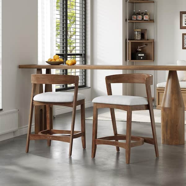 34.2 in. H Walnut Open Curved Back Wood Bar Stool with Beige Fabric Seat Set of 2