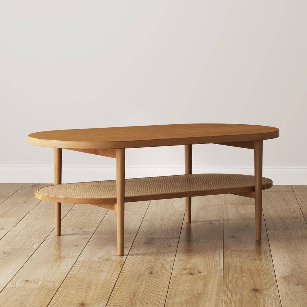 Honey Brown Oval Wood Coffee Table with Storage Shelf