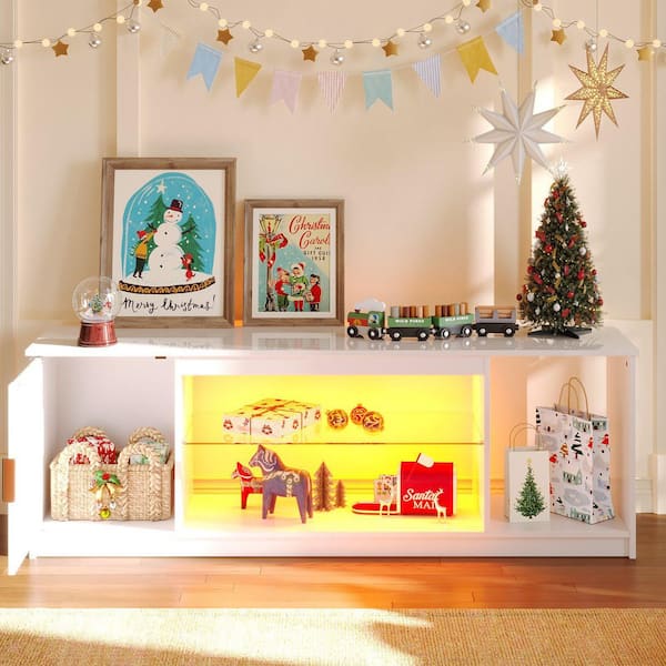 Bestier 57 in. Fluted Glossy White TV Stand Fits TV Up to 65 in. LED Entertainment Center with Cabinet and Adjustable Shelf