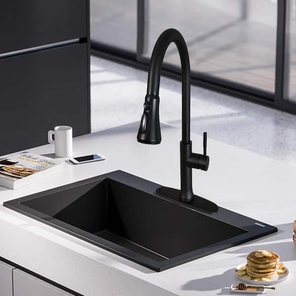 Tomfaucet Single-Handle Pull Down Sprayer Kitchen Faucet with Advanced 3-Setting Spray in Matte Black