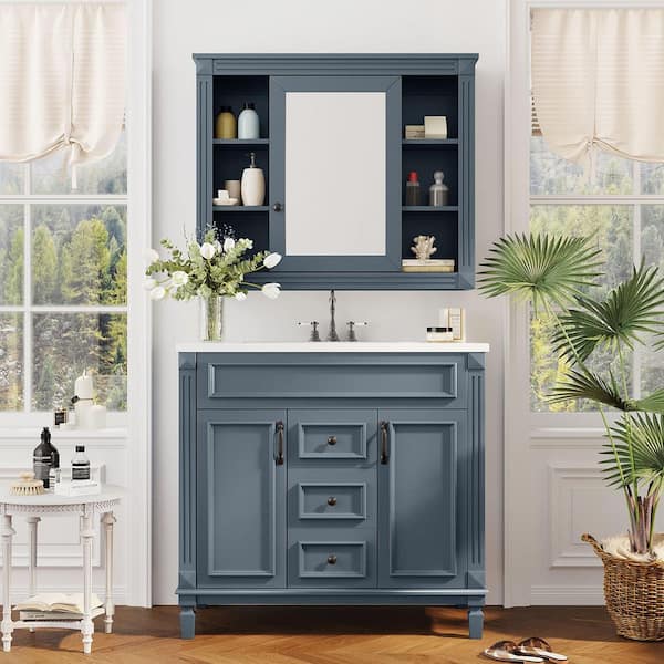Staykiwi 36 in. W x 18 in. D x 34 in. H Single Sink Blue Freestanding Bath Vanity with White Ceramic Top and Mirror Cabinet