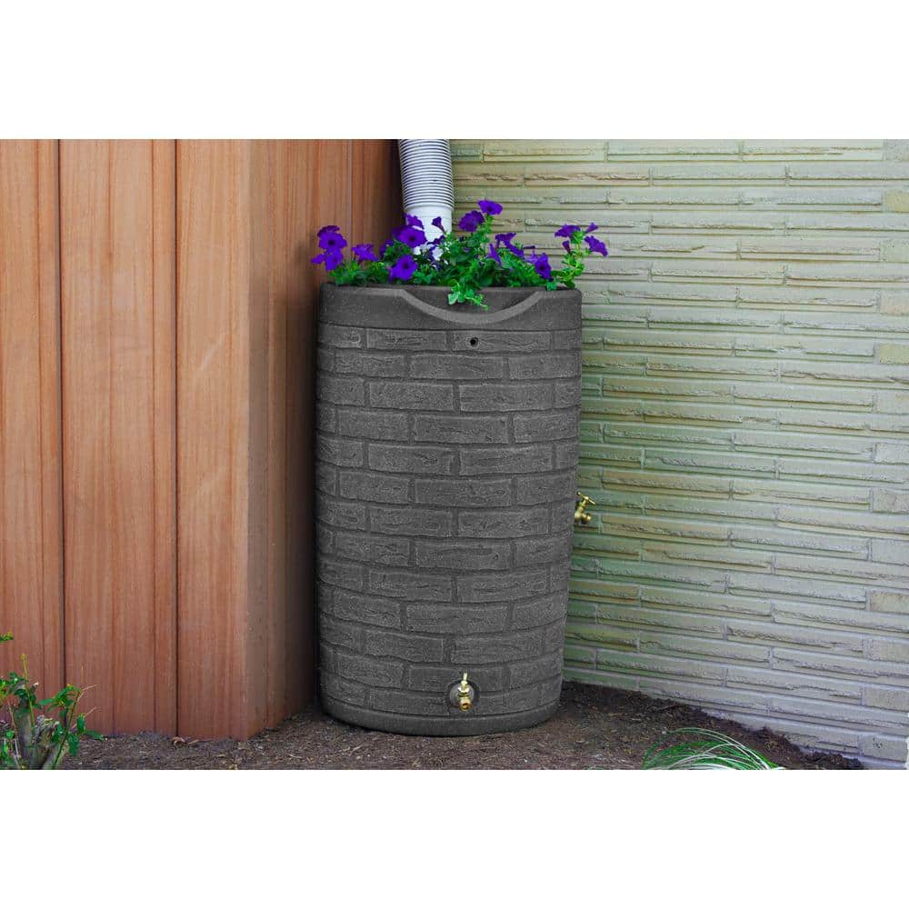 Impressions Downton 50 Gallon Dark Granite Plastic Rain Barrel with Planter