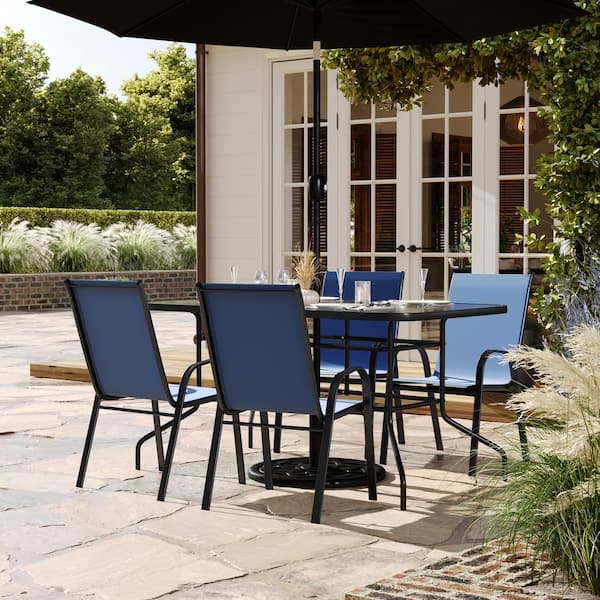 Carnegy Avenue Brazos Navy 5-Piece Metal Rectangular Table and 4-Navy Flex Comfort Stack Chairs Outdoor Dining Set with Umbrella Hole