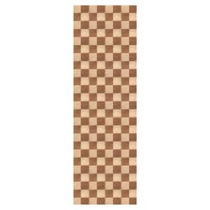 Heavy Duty Checkered Beige and Brown 31 in. W x 9 ft. L Indoor/Outdoor Runner Rug