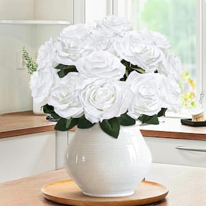 18 in. White Artificial Queen Rose Flower Stem Bush Bouquet (Set of 2)