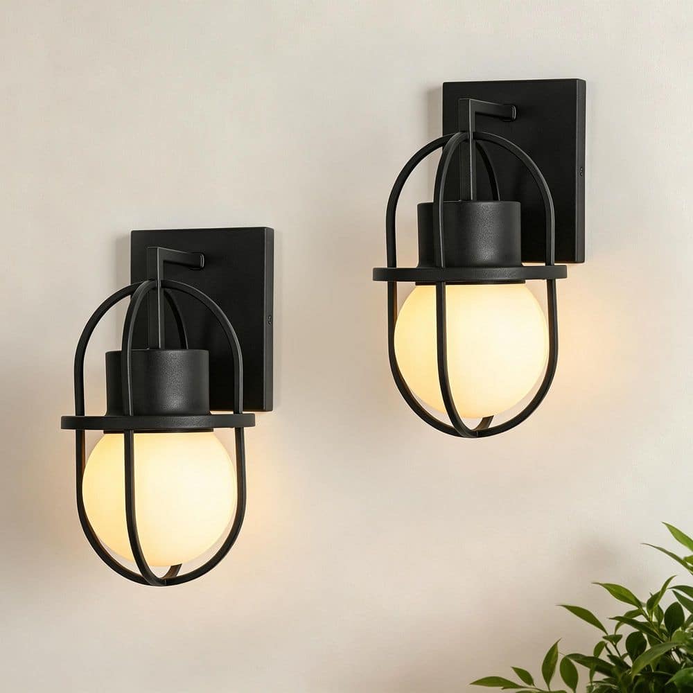 11 in. 1-Light Black Hardwired Outdoor Wall Light Lantern Porch Sconce with White Glass Shade, No Bulb Included, 2-Pack price history on PriceWatchPro