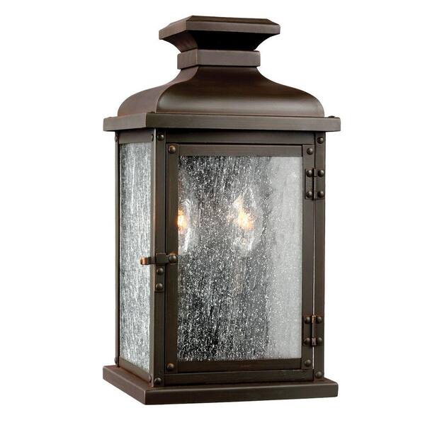 Generation Lighting Pediment Small 6.75 in. W 2-Light Dark Aged Copper 12.5 in. Wall Mount Lantern with Clear Seeded Glass
