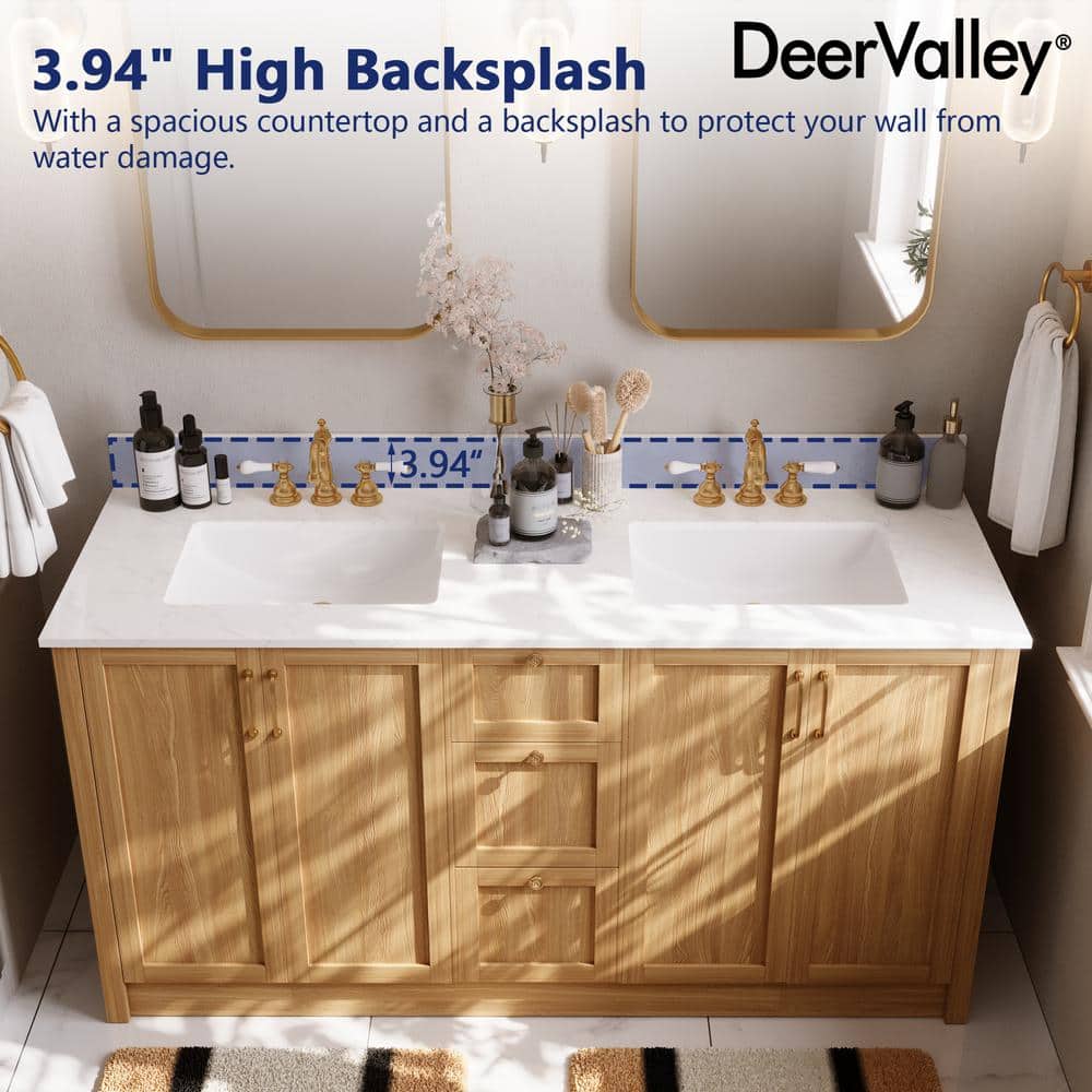 61" White Engineered Stone Double Vanity Top with Ceramic Sinks