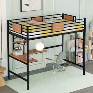 Black Twin Size Metal Loft Bed with Desk and Shelf, Space-Saving Loft Bed Frame With Ladder for Kids, Teens