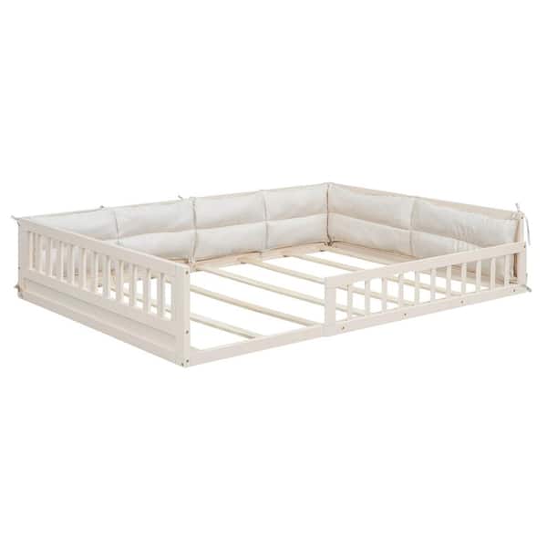 Beige Wood Frame Full Size Platform Bed with Pillows and Guardrails