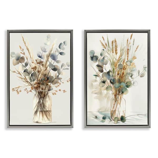 Stupell Industries Eucalyptus Jar Bouquets by Steve Hunziker 2-Pieces Gray Floater Frame Nature Graphic Art Print 25 in. x 17 in.