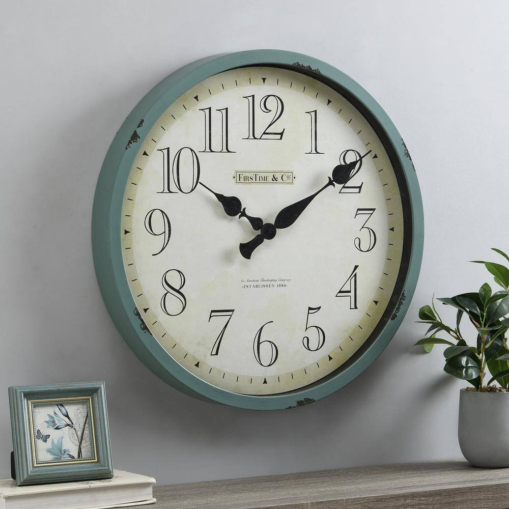 Oversized Teal and Beige Plastic Farmhouse Wall Clock