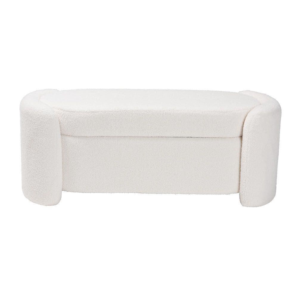 Ivory Boucle Upholstered Ellipse Storage Bench with Oak Frame