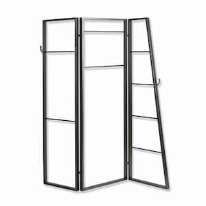 Modern Style Black 3-Panel Metal Screen with Hooks and Rod Hangings