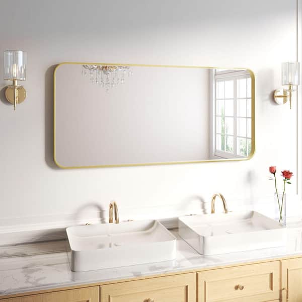 60 in. W x 28 in. H Rectangular Aluminum Framed Wall Bathroom Vanity Wall Mount Mirror in Gold