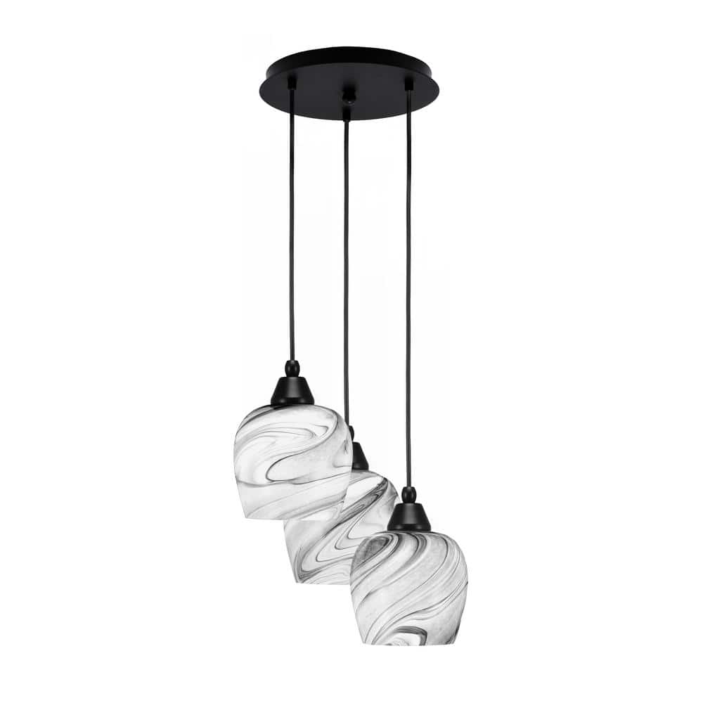 Savannah 9.75 in. 3-Light Matte Black Cord Pendant Light Onyx Swirl Glass S