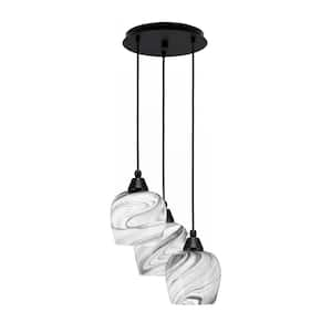 Savannah 9.75 in. 3-Light Matte Black Cord Pendant Light Onyx Swirl Glass Shade