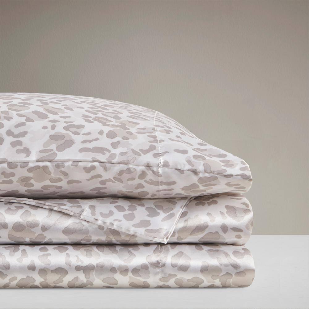 Queen Taupe Leopard Print Satin Sheet Set