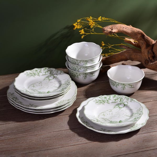 222 Fifth Hudson Valley 12-Piece Traditional Porcelain Green and