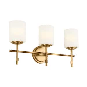 Ali 23.25 in. 3-Light Brushed Natural Brass Traditional Bathroom Vanity Light with Satin Etched Case Opal Glass Shades